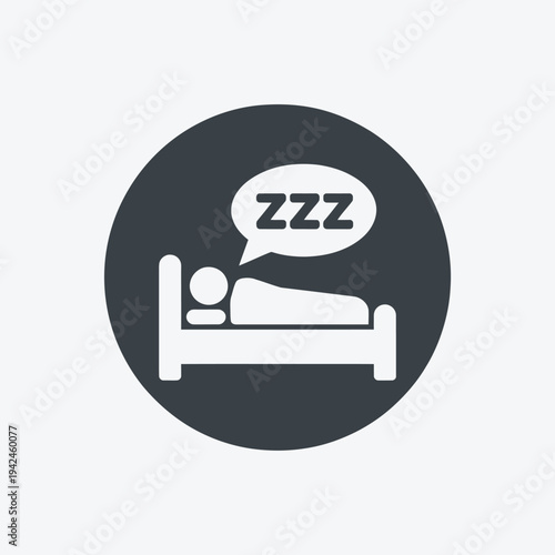 Simple white icon depicting a sleeping person in bed with dream bubbles