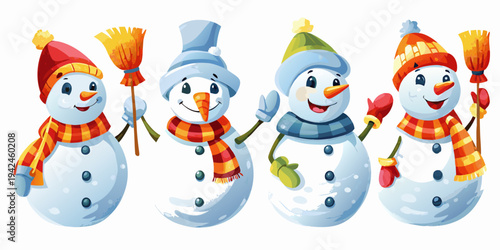 Four cheerful snowmen with colorful hats and scarves stand together