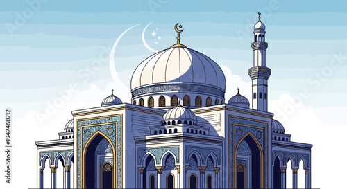 Islamic Mosque Building with Dome Minaret.