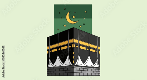 Kaaba Illustration with Crescent Moon Night.