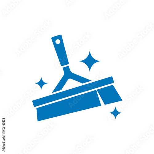 A blue squeegee icon with sparkling starbursts representing window cleaning