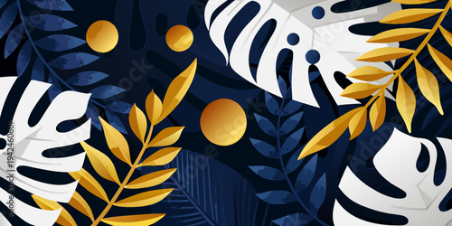 Abstract tropical leaves in shades of gold white and deep blue