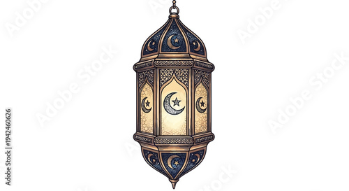 Ornate Metal Lantern with Crescent Moon Design.