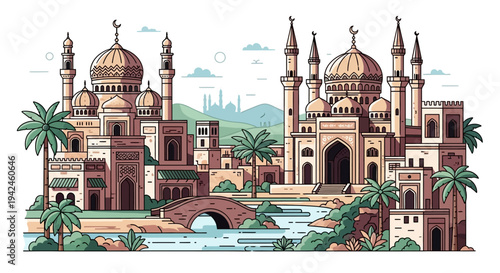 Ornate Mosque Architecture with Domes and Minarets.