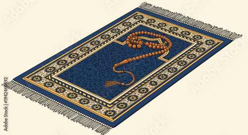 Prayer Rug with Snake Design on Blue Background.