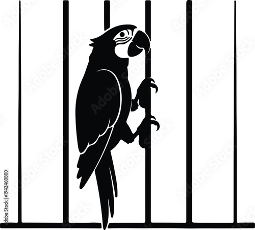 Silhouette parrot bird inside cage bars minimal black vector design