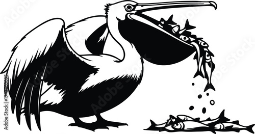Silhouette pelican bird catching fish with full beak pouch vector design
