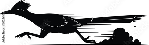 Silhouette running roadrunner bird with speed lines dust cloud vector design