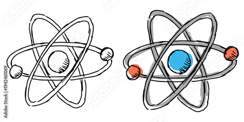 Set editable sketch drawing atom vector for sketchy science blogs. Ideal for symbolizing rough physics, hand drawn chemistry, and simple energy.