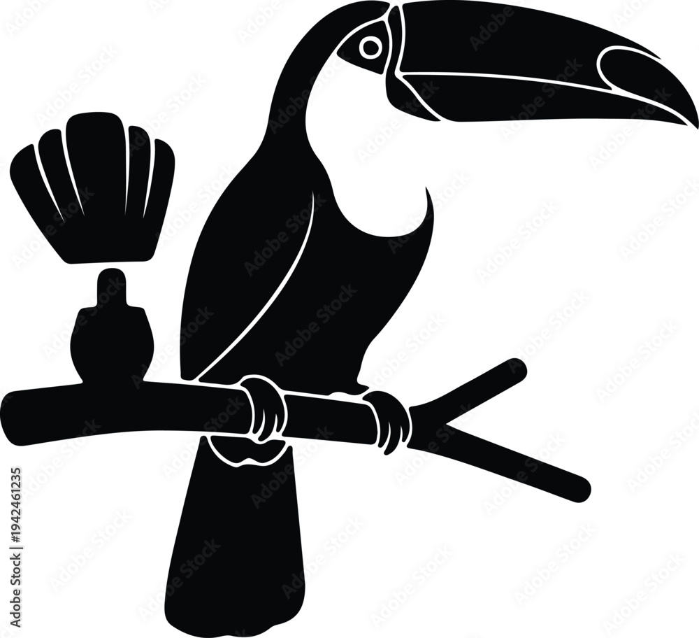 Fototapeta premium Silhouette toucan bird perched on a branch with a shell design vector design