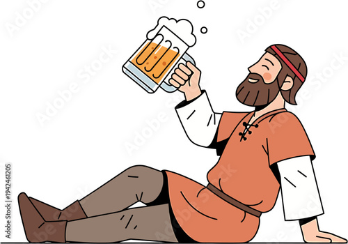 A happy bearded man in traditional attire sits on the ground, raising a frothy mug of golden beer, symbolizing relaxed enjoyment and the timeless pleasure of a refreshing drink
