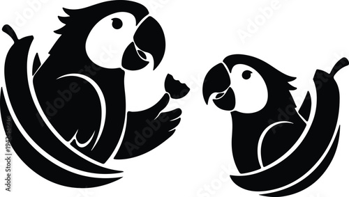 Silhouette tropical parrots emerging from bananas in minimalist black and white vector design