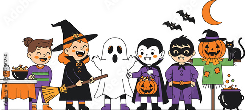 Happy Halloween group of children in costumes including witch, ghost, vampire, scarecrow, and black cat, celebrating spooky season with candy and pumpkins