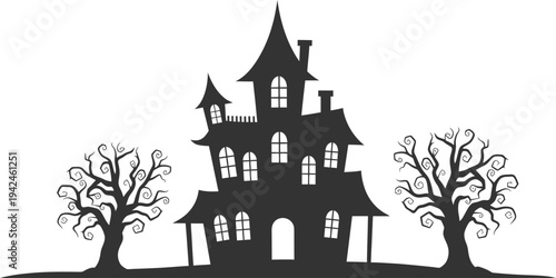 Spooky haunted mansion silhouette with bare trees on a white background, perfect for Halloween celebrations