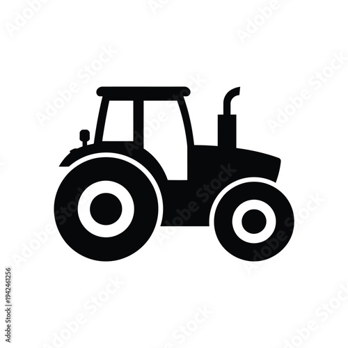 A simple black silhouette depicting a classic farm tractor with large wheels