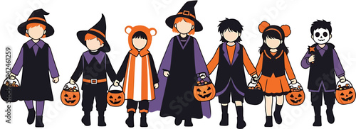 A cheerful group of diverse children dressed in creative Halloween costumes, holding hands and ready for trick-or-treating adventure, celebrating the spooky holiday together