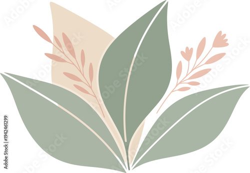 Elegant botanical illustration with soft sage green leaves and delicate blush pink floral accents, creating a serene and minimalist natural aesthetic for calming design concepts