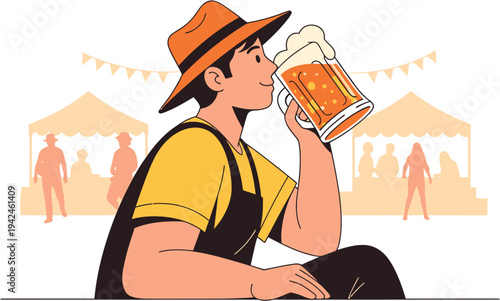 A happy man in a traditional hat and overalls savoring a frothy mug of golden beer at a lively outdoor festival or autumn fair, capturing the essence of celebration