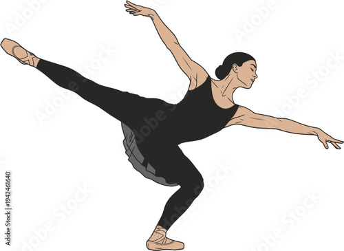 Graceful ballet dancer in black costume performing an arabesque, elegantly extending arms and leg
