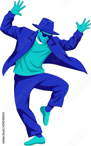 Dynamic illustration of a cool person in a hat and suit dancing energetically