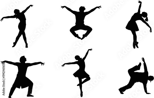 Collection of diverse silhouettes showcasing various dynamic dance poses, perfect for artistic and performance-related projects