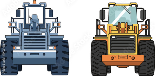 Front view illustrations of robust industrial construction vehicles, showcasing powerful wheel loaders for earthmoving and material handling tasks on job sites