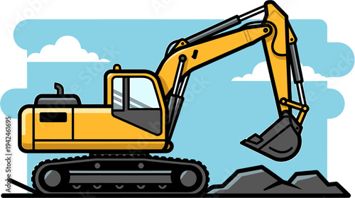 Bright yellow excavator machine illustration, actively engaged in earthmoving operations at a construction site, symbolizing heavy machinery at work