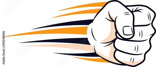 Vibrant graphic featuring a powerful clenched fist moving with incredible speed, representing force, action, and unyielding determination in a bold, stylized manner