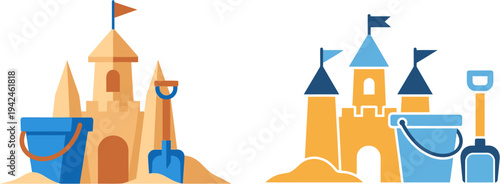 Vibrant vector illustrations depicting classic sandcastles with buckets and shovels, embodying the spirit of summer vacations and cheerful beach playtime, perfect for holiday-themed designs