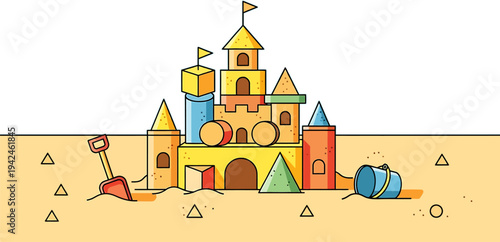 Creative castle made of geometric shapes and toys in the sand with a shovel and bucket