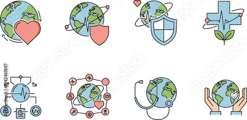 Global healthcare icon pack featuring planet, heart, cross, stethoscope, syringe, wellness, patient, doctor, hospital, and medical symbols minimal flat vector design.