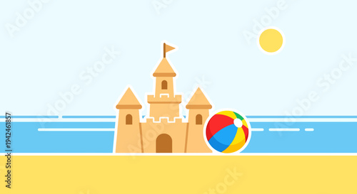 Sunny Summer Beach Day Illustration with Sandcastle and Colorful Beach Ball by the Ocean, Capturing Vacation Fun and Leisure in a Vibrant Flat Design Style