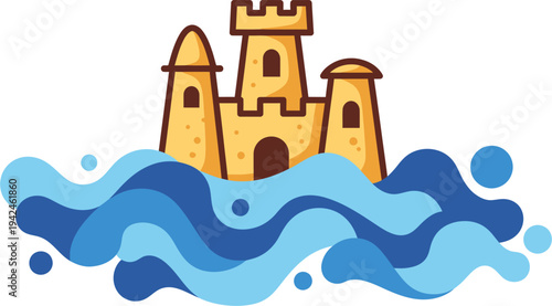 Sandcastle Floating on Ocean Waves Icon Symbolizing Summer Fun and Beach Adventures