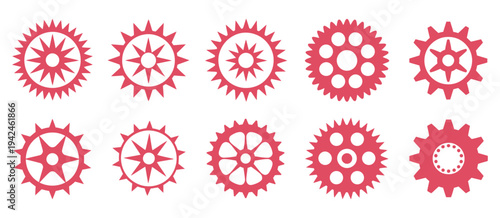 Red Gears and Cogs on a White Background. Industrial mechanical gear wheels and cogwheel mechanism set, engineering technology concept, machine parts illustration, editable stock vector design