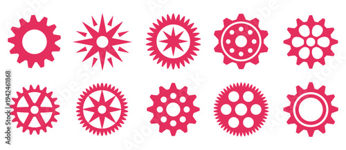 Red Gears and Cogs on a White Background. Mechanical gear wheels set with industrial machine parts, engineering technology concept, cogwheel mechanism illustration