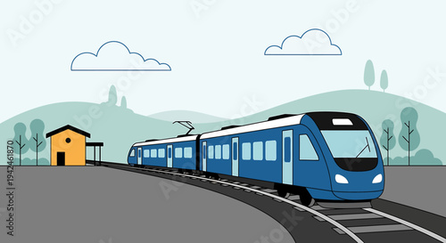 Modern blue passenger train speeding along railway tracks through a scenic landscape with a small station building in the distance on a clear day