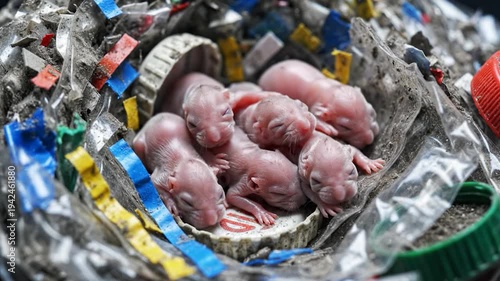 Newborn mammals nestled in a pile of discarded plastic waste