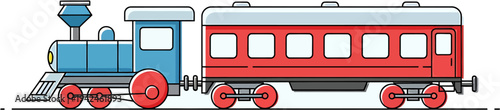 A charming cartoon illustration of a classic passenger train, featuring a blue locomotive pulling a red car, symbolizing travel, journey, and transportation across various landscapes