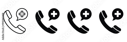 Emergency, medical call icon collection with phone symbols, urgent healthcare, first aid, and ambulance service signs, clean modern flat vector design for hospitals, clinics,