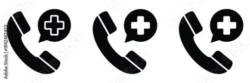 Emergency, medical phone call icon set featuring healthcare call symbols, urgent response, first aid, ambulance and medical assistance concept, modern flat vector