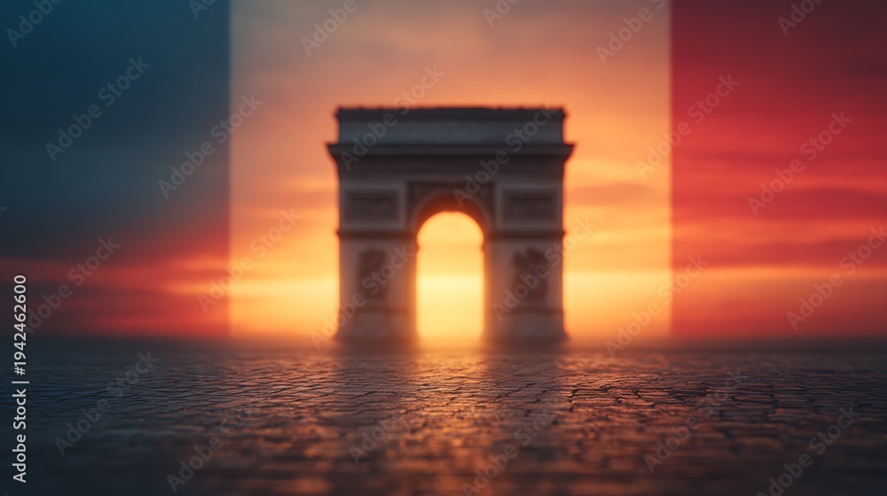 Fototapeta premium The Arc de Triomphe stands framed by a glowing sunset, casting warm hues over the textured cobblestone foreground.