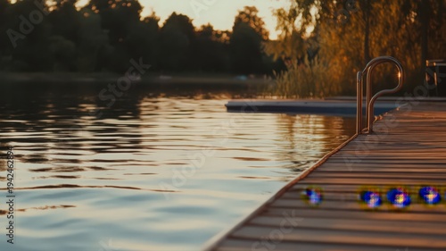 Tranquil Sunset Over Lake with Reflections Visible from a Wooden Dock Surrounded by Nature