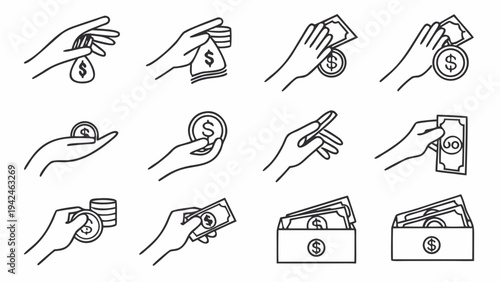 Finance and Charity Icons Set with Hands Holding Money