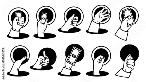 Black and White Hands Holding Money and Banknotes Vector Set
