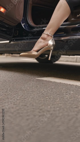 Elegant woman stepping out of a luxury car — polished arrival, vertical footage