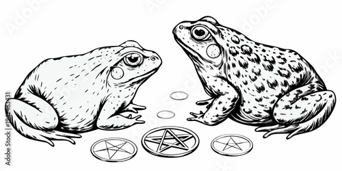 Mystical Toads with Pentagram Coins Line Art Illustration Isolated on White