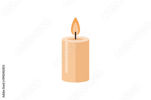 Lit beige candle with orange flame burning