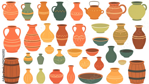 Traditional Clay Pottery Collection – Terracotta Jugs, Bowls, and Vases Vector