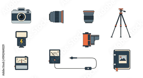Photography equipment collection in flat design ideal for projects on transparent background silhouette
