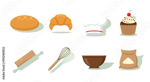 Bakery items and tools illustration on transparent background silhouette